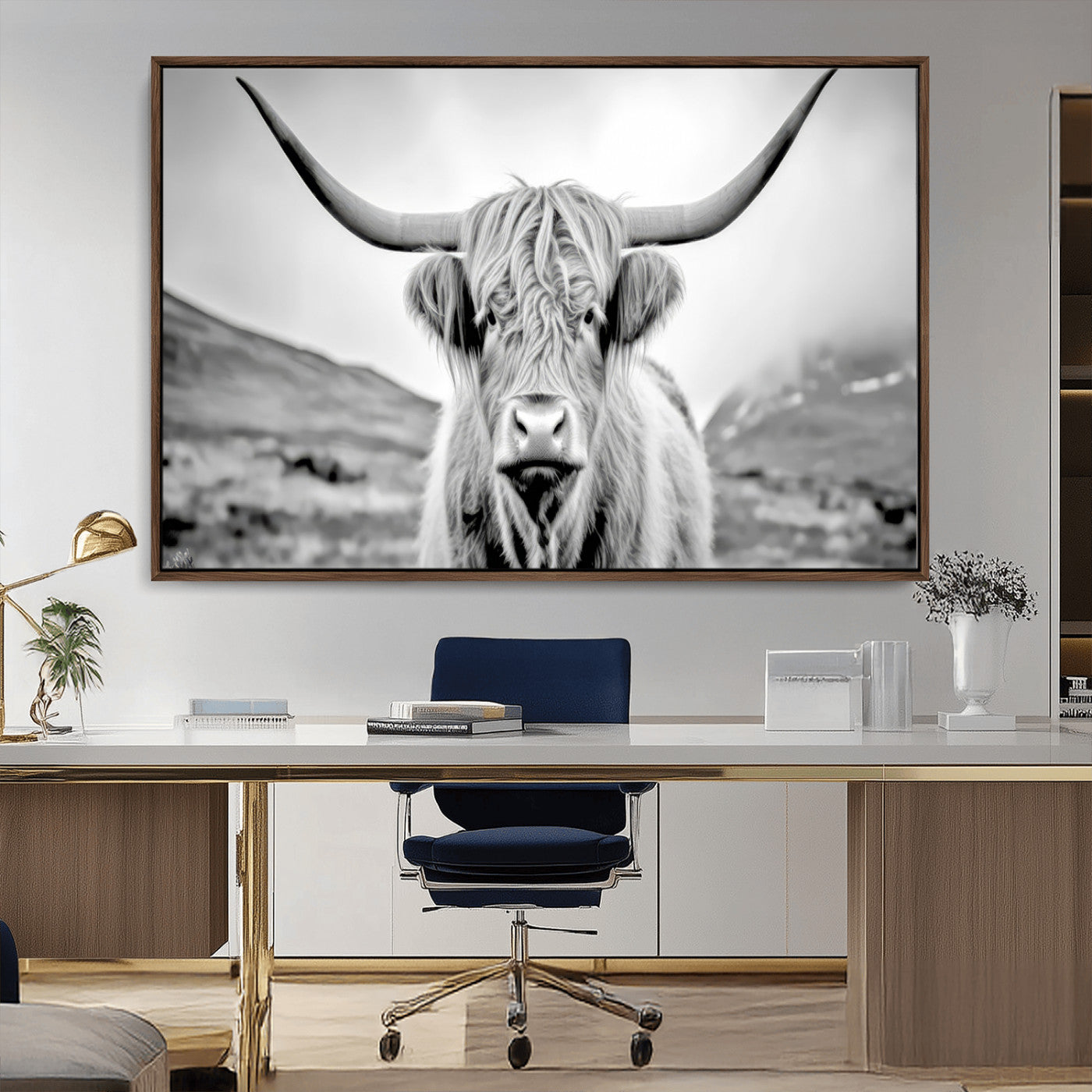 80564-MGV-CV-36X24-Highland Cow Wall Art – Black and White Scottish Highland Canvas Print, Rustic Farmhouse Decor for Living Room, Bedroom or Office