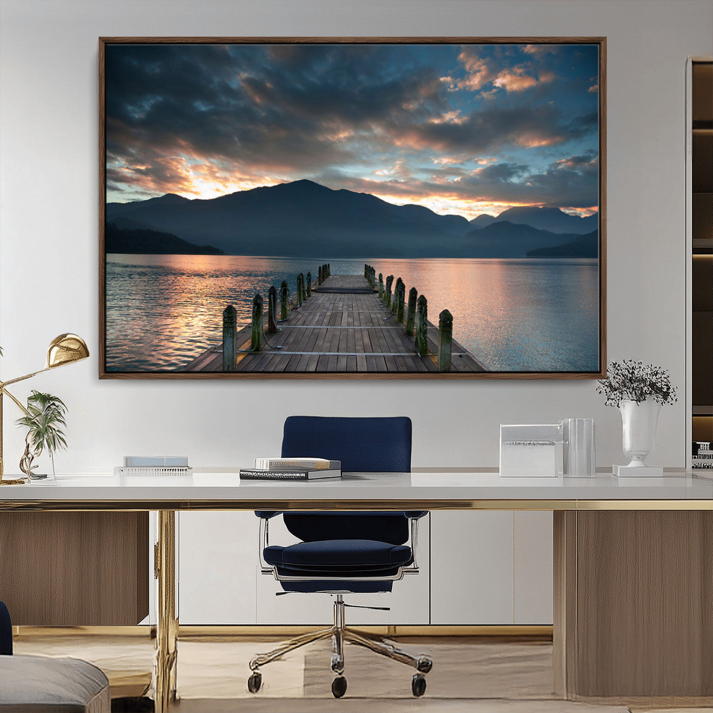 20442-MGV-CV-36X24-Lakeside Sunset Dock Wall Art – Peaceful Mountain Lake Canvas Print, Serene Nature Landscape Decor for Living Room, Bedroom or