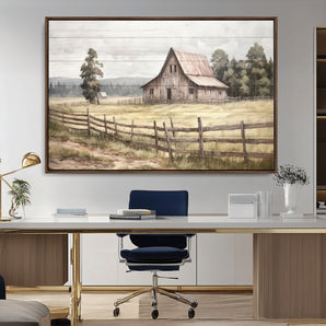 87489-MGV-CV-36X24-Rustic Barn Wall Art – Vintage Farmhouse Canvas Print with Wooden Fence, Country Landscape Decor for Living Room, Kitchen or