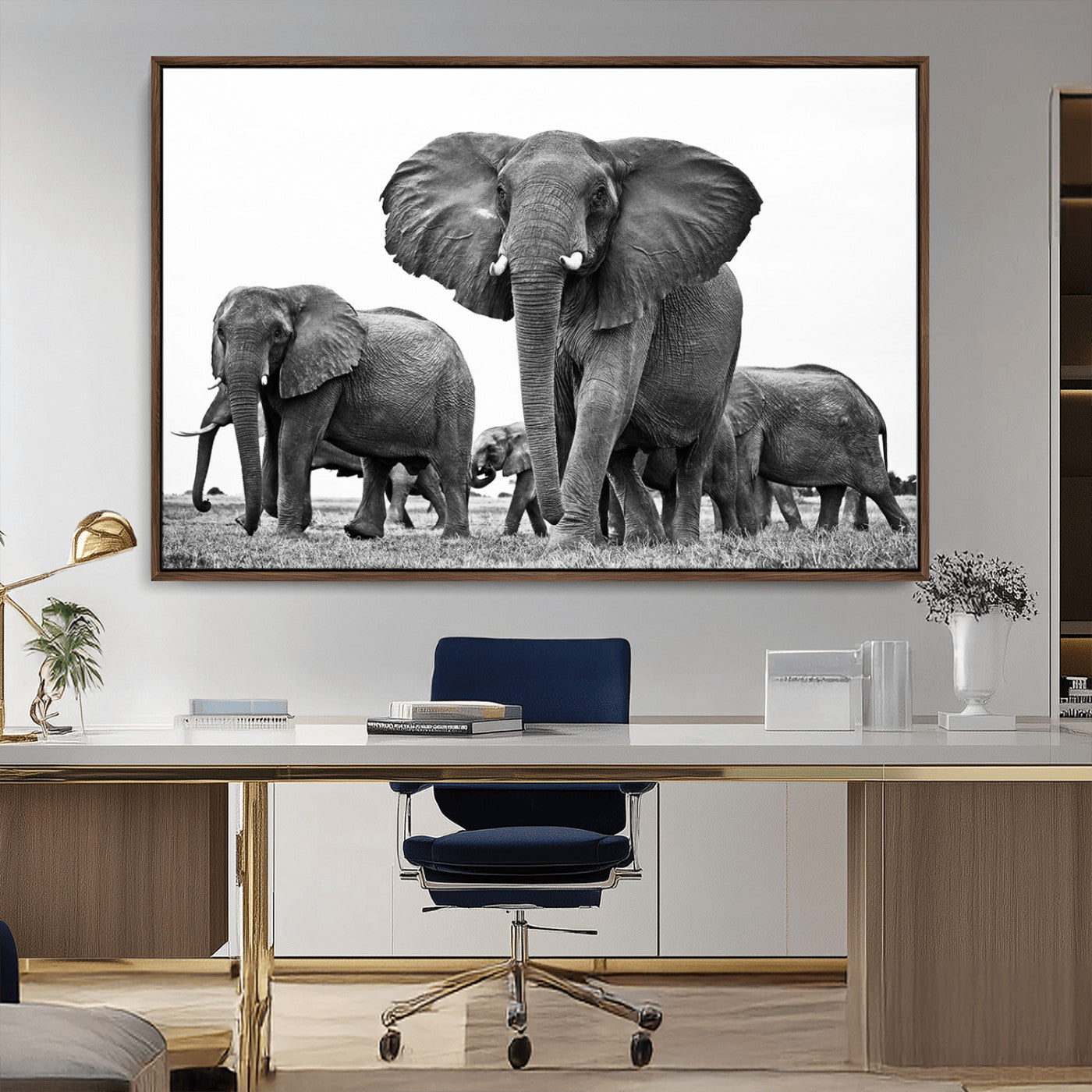 91685-MGV-CV-36X24-Elephant Herd Wall Art – Black and White Safari Canvas Print, African Wildlife Photography Decor for Living Room, Office or