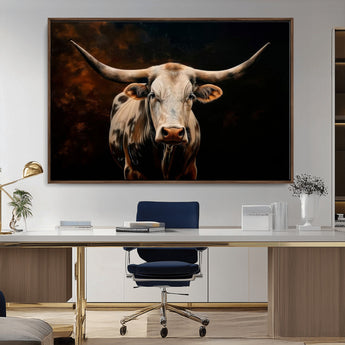 70522-MGV-CV-36X24-Longhorn Bull Wall Art – Striking Canvas Print of Majestic Bull, Premium Animal Decor for Home, Office, Man Cave, or Living Room