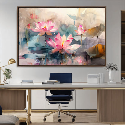 27936-MGV-CV-36X24-Lotus Pond Wall Art – Watercolor Pink Lotus Flowers Canvas Print, Tranquil Botanical Artwork for Bedroom, Living Room or