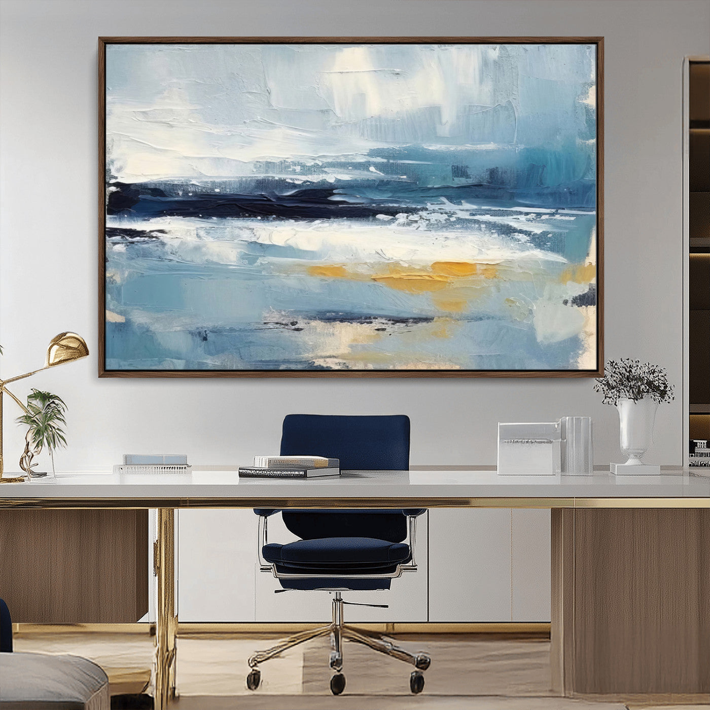 19746-MGV-CV-36X24-Abstract Ocean Wall Art – Modern Coastal Canvas Print with Blue, White and Gold Textures, Contemporary Seascape Painting for
