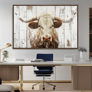 71551-MGV-CV-36X24-Longhorn Bull Wall Art – Rustic Western Cow Canvas Print, Farmhouse Animal Painting with Wood Plank Style for Living Room, Office