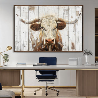 71551-MGV-CV-36X24-Longhorn Bull Wall Art – Rustic Western Cow Canvas Print, Farmhouse Animal Painting with Wood Plank Style for Living Room, Office