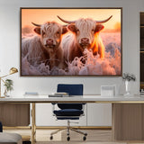 68253-MGV-CV-36X24-Highland Cow Wall Art – Rustic Farmhouse Cattle Canvas Print, Frosty Sunset Animal Artwork for Living Room, Bedroom or Country