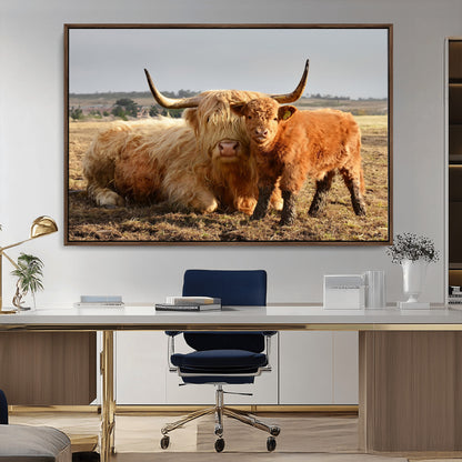 53461-MGV-CV-36X24-Highland Cow Family Wall Art – Rustic Farmhouse Animal Canvas Print, Country Decor for Living Room, Bedroom or Office, Calf and