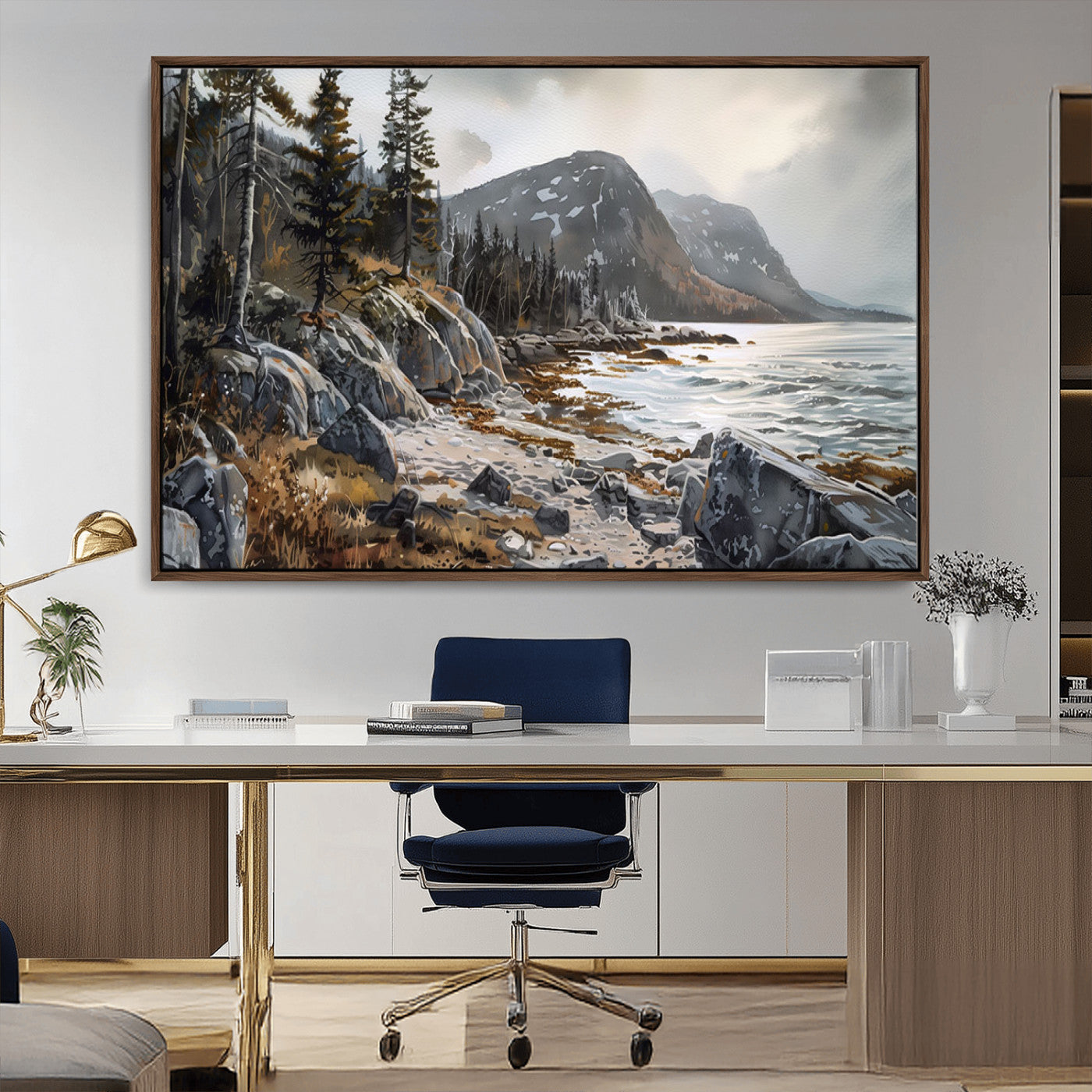 41281-MGV-CV-36X24-Rocky Shoreline Wall Art – Panoramic Mountain Coast and Forest Canvas Print, Rustic Nature Landscape Decor for Cabin, Lodge, or
