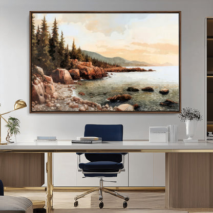 77145-MGV-CV-36X24-Coastal Landscape Wall Art – Panoramic Rocky Shoreline and Pine Trees Canvas Print, Rustic Nature Decor for Cabin, Lodge, Office,