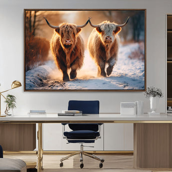94810-MGV-CV-36X24-Highland Cow Wall Art – Rustic Canvas Print Two Cattle Snow Path Sunset, Farmhouse Country Decor for Living Room, Bedroom, Office,