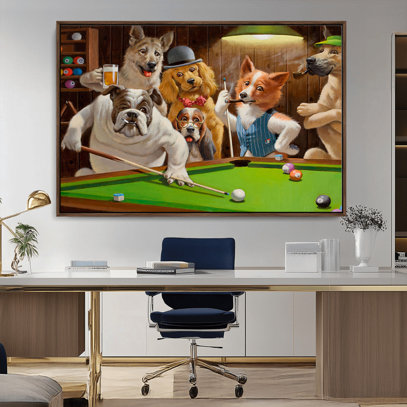 34228-MGV-CV-36X24-Dogs Playing Pool Wall Art Canvas Print, Framed Funny Dog Art Picture Print, Dog Perfect Game Room Decor Artwork