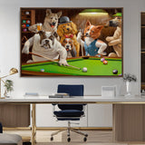 34228-MGV-CV-36X24-Dogs Playing Pool Wall Art Canvas Print, Framed Funny Dog Art Picture Print, Dog Perfect Game Room Decor Artwork