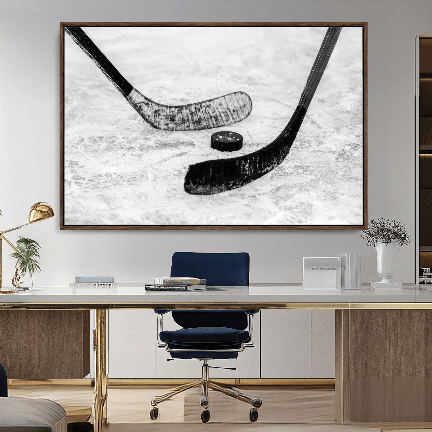 82900-MGV-CV-36X24-Hockey Wall Art – Black and White Canvas Print Ice Rink Sticks Puck Sports Photography, Modern Decor for Game Room, Man Cave,