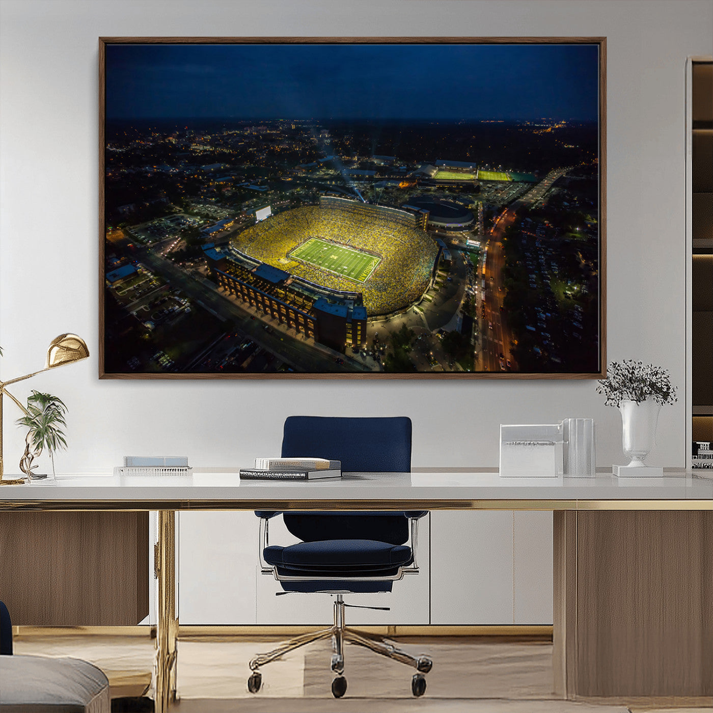 33588-MGV-CV-36X24-Football Stadium Wall Art – Aerial Night Game Canvas Print Packed Field City Lights, Sports Photography Decor for Game Room, Man