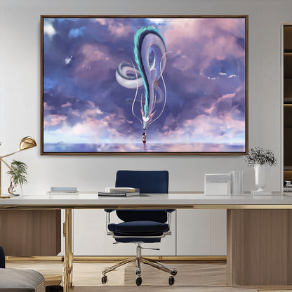 66864-MGV-CV-36X24-Fantasy Dragon Wall Art – Mystical Canvas Print Girl and Sky Serpent Dreamlike Clouds, Magical Anime Inspired Decor for Living