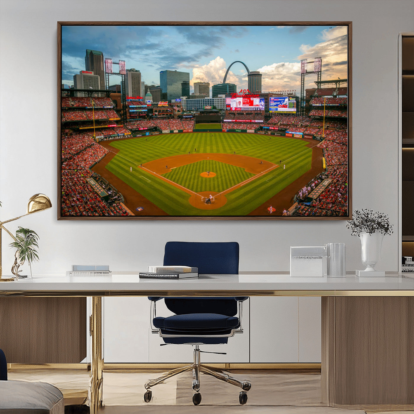 91908-MGV-CV-36X24-Baseball Stadium Wall Art – Canvas Print Game Day Field City Skyline Iconic Arch Scene Sports Photography, Decor for Game Room,