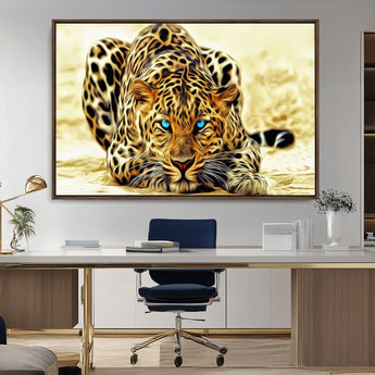 45281-MGV-CV-36X24-Blue Eye Leopard Wall Art Canvas Print, Framed Leopard Painting Art Picture Print, Big Cat Perfect Safari Wildlife Decor Artwork