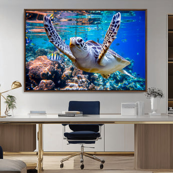 12683-MGV-FC-36X24_Walnut-Sea Turtle Wall Art – Graceful Ocean Canvas Print with Coral Reef and Tropical Fish, Coastal Marine Life Decor for Beach House,