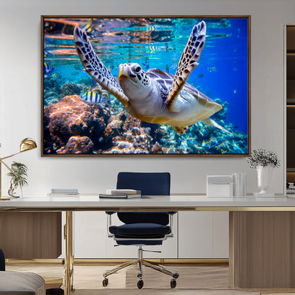 12683-MGV-FC-36X24_Walnut-Sea Turtle Wall Art – Graceful Ocean Canvas Print with Coral Reef and Tropical Fish, Coastal Marine Life Decor for Beach House,
