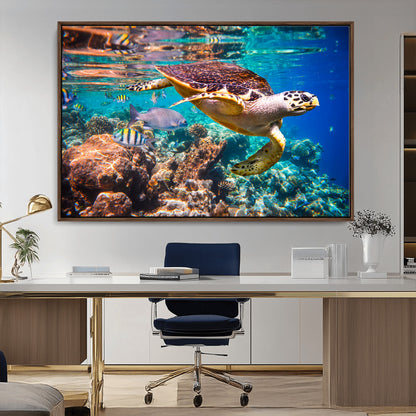 66614-MGV-CV-36X24-Sea Turtle Wall Art – Hawksbill Turtle Swimming Over Coral Reef Canvas Print, Ocean Marine Life Decor for Beach House, Coastal