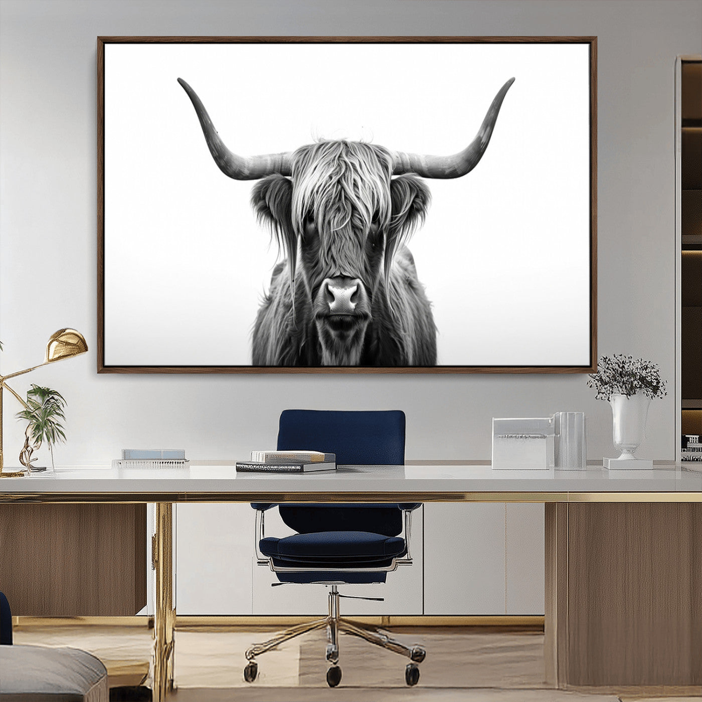 49556-MGV-FC-36X24_Walnut-Highland Cow Wall Art – Black and White Scottish Highland Cattle Print, Rustic Farmhouse Minimalist Animal Portrait Canvas for
