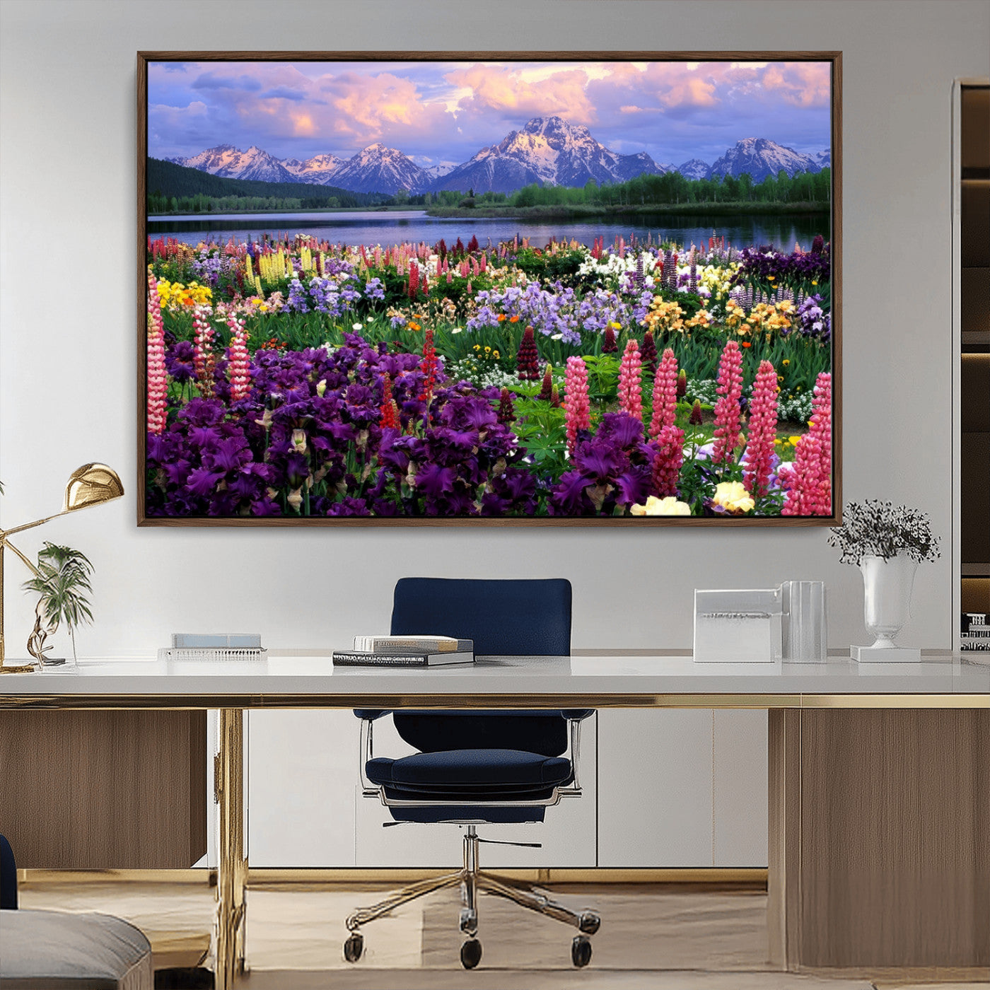 82270-MGV-CV-36X24-Colorful Wildflower Meadow Landscape Wall Art – Snow-Capped Mountain Lake Sunset Print, Vibrant Nature Artwork for Living Room,