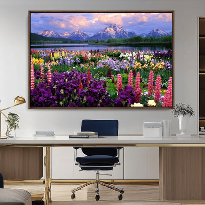 82270-MGV-CV-36X24-Colorful Wildflower Meadow Landscape Wall Art – Snow-Capped Mountain Lake Sunset Print, Vibrant Nature Artwork for Living Room,
