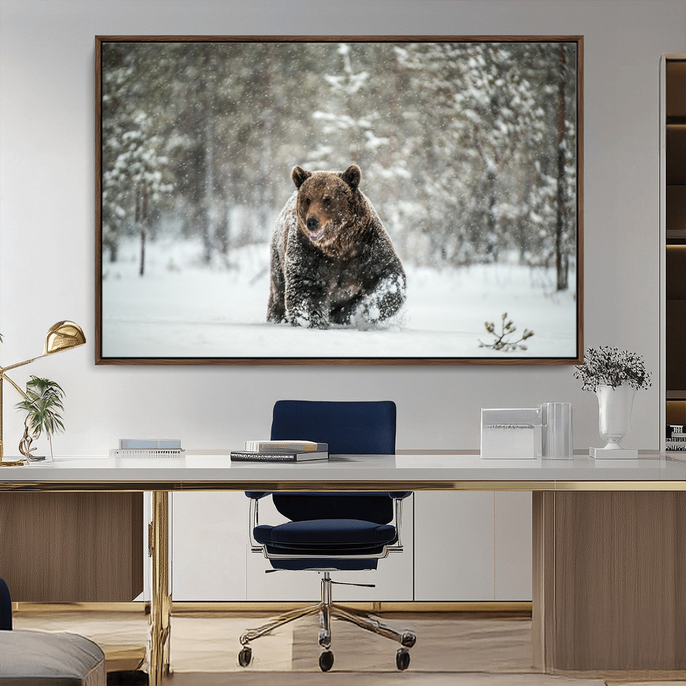 43350-MGV-CV-36X24-Wild Bear in Snow Wall Art – Majestic Wildlife Photography Print, Winter Forest Nature Decor for Cabin, Lodge, Rustic Home,