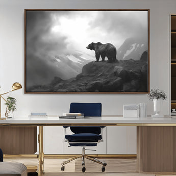 49504-MGV-CV-36X24-Black and White Grizzly Bear Wall Art – Wilderness Wildlife Painting, Rustic Mountain Cabin Decor, Monochrome Animal Print for