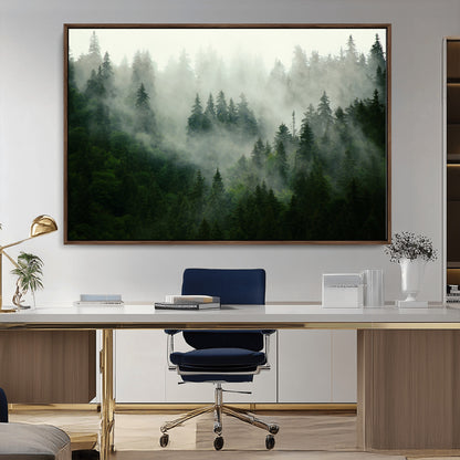 167720496-MGV-CV-36X24-Misty Forest Wall Art – Serene Evergreen Trees Canvas Print, Foggy Mountain Nature Landscape Decor for Bedroom, Living Room or