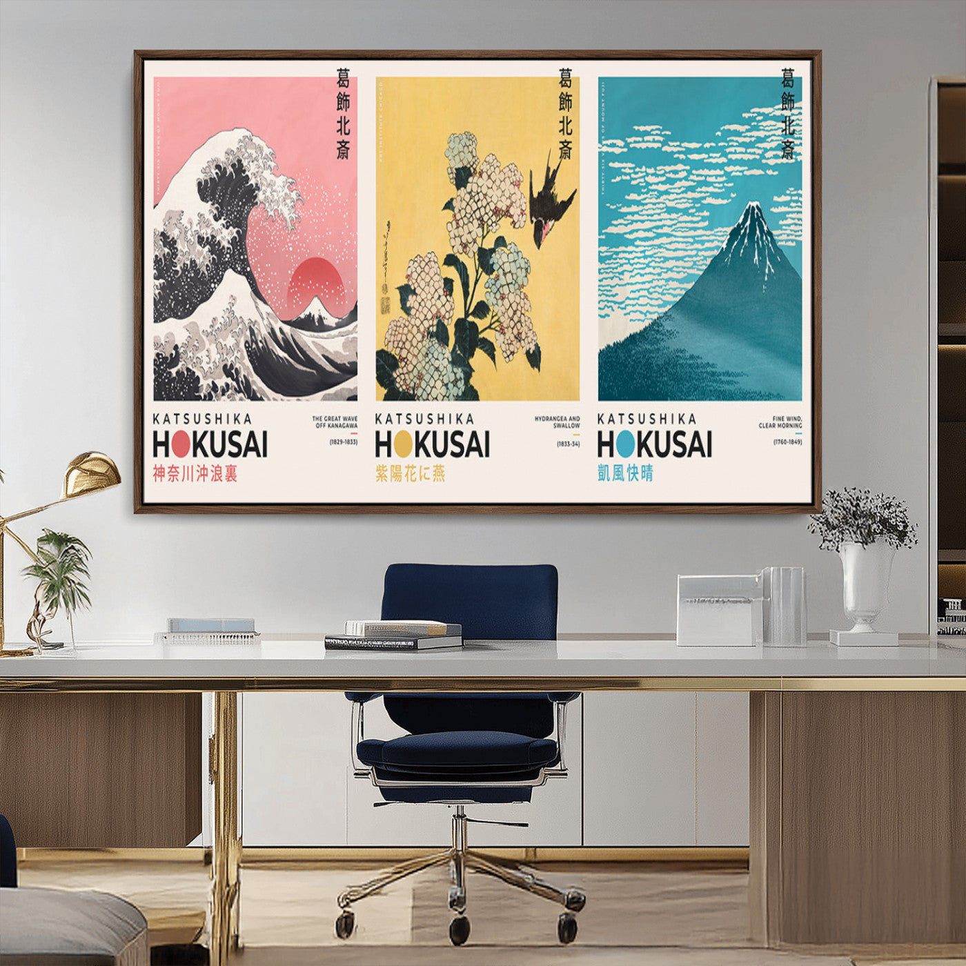 Katsushika-MGV-CV-36X24-Katsushika Hokusai Wall Art Set – The Great Wave, Hydrangea and Swallow, Fine Wind Canvas Prints, Japanese Ukiyo e Style Home and