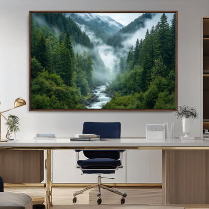 69453-MGV-CV-36X24-Mountain Forest Wall Art – Misty River and Evergreen Landscape Canvas Print, Nature Photography Poster for Living Room, Bedroom,