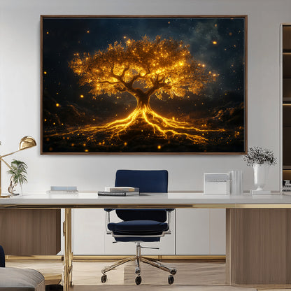 60194-MGV-CV-36X24-Glowing Tree Wall Art – Golden Roots Fantasy Canvas Print, Mystical Illuminated Tree Painting Poster for Living Room, Bedroom,