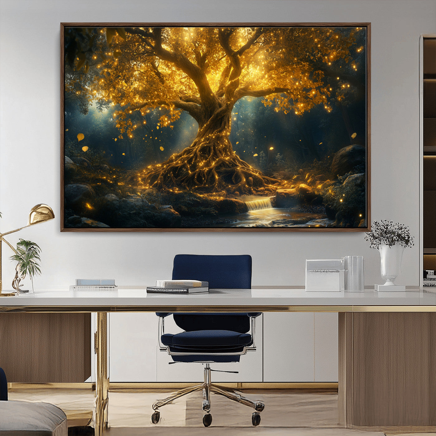 92739-MGV-CV-36X24-Glowing Tree Wall Art – Enchanted Golden Forest Canvas Print, Mystical Illuminated Nature Painting Poster for Living Room,