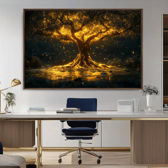 59580-MGV-CV-36X24-Glowing Tree Wall Art – Golden Fantasy Nature Canvas Print, Mystical Illuminated Tree Painting Poster for Living Room, Bedroom,