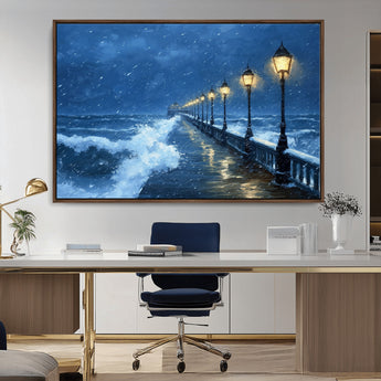 32668-MGV-CV-36X24-Stormy Pier Wall Art – Ocean Waves and Street Lamps Canvas Print, Rainy Night Seascape Oil Painting Poster for Living Room,