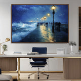 76572-MGV-CV-36X24-Stormy Night Pier Wall Art – Ocean Waves and Street Lamps Canvas Print, Rainy Seascape Oil Painting Poster for Living Room,