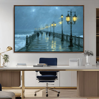 79606-MGV-CV-36X24-Rainy Pier Night Wall Art – Ocean Waves and Street Lamps Canvas Print, Moody Seascape Oil Painting Poster for Living Room,