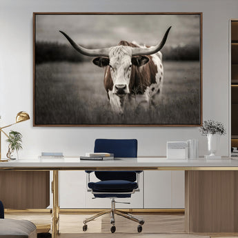 69238-MGV-CV-36X24-Longhorn Bull Wall Art – Rustic Black and White Texas Cattle Canvas Print, Western Farmhouse Animal Photography for Living Room,