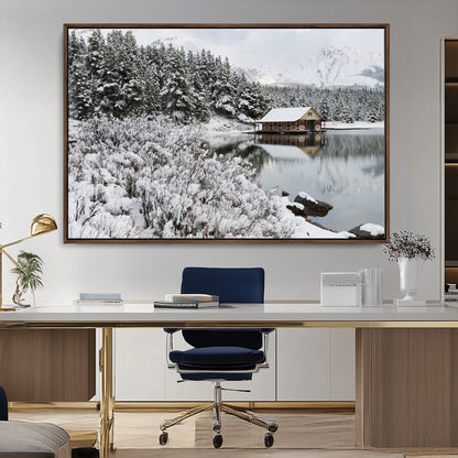29975-MGV-CV-36X24-Winter Cabin by the Lake Wall Art – Snowy Mountain Landscape Canvas Print, Rustic Lodge Cabin Decor for Cozy Living Room, Bedroom