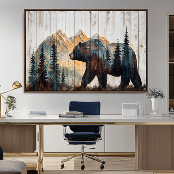 90077-MGV-CV-36X24-Wood Grizzly Bear Wall Art Canvas Print, Framed Abstract Bear Art Picture Print, Bear in Forest Perfect Rustic Lodge Decor Artwork