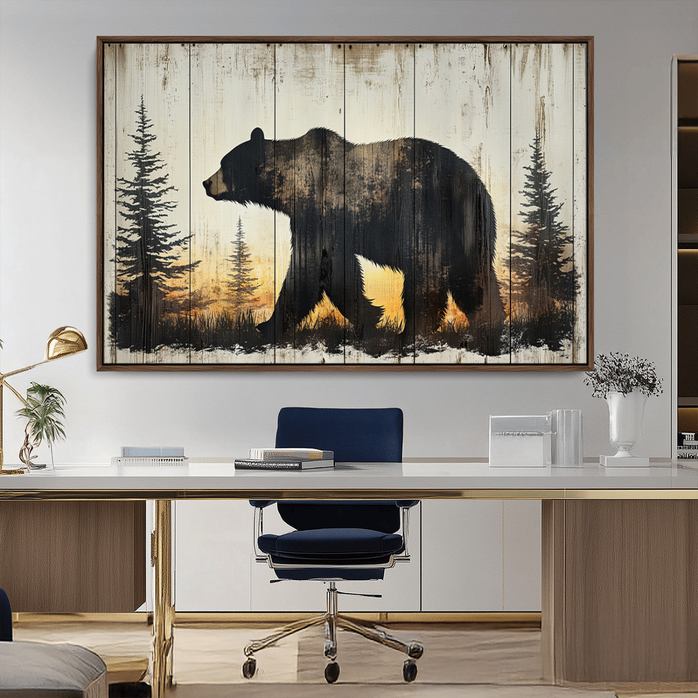 83875-MGV-CV-36X24-Sunset Bear Wall Art – Rustic Wildlife Canvas Print with Forest Silhouette, Cabin Lodge Decor for Living Room or Office