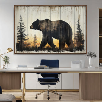 83875-MGV-CV-36X24-Sunset Bear Wall Art – Rustic Wildlife Canvas Print with Forest Silhouette, Cabin Lodge Decor for Living Room or Office