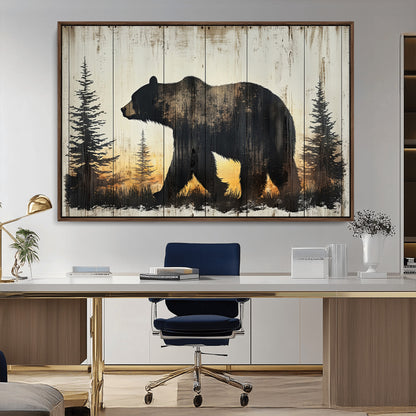 83875-MGV-CV-36X24-Sunset Bear Wall Art – Rustic Wildlife Canvas Print with Forest Silhouette, Cabin Lodge Decor for Living Room or Office