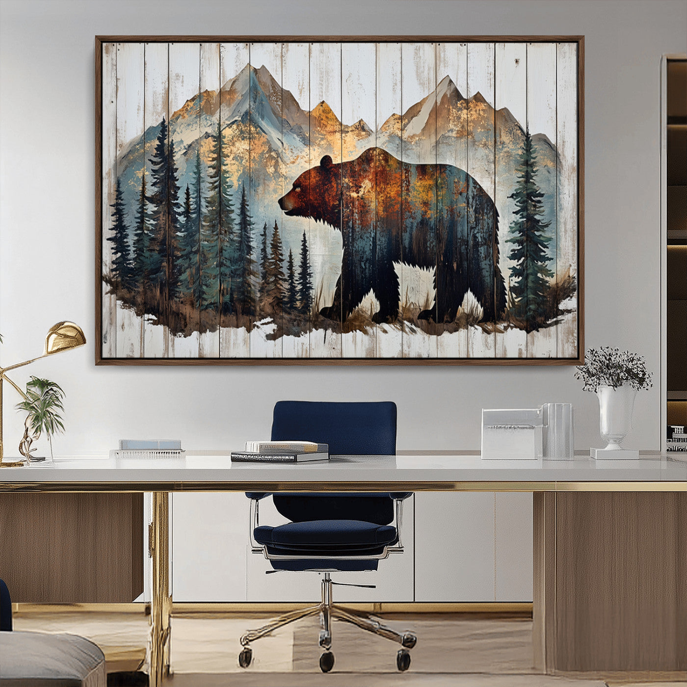 55777-MGV-CV-36X24-Rustic Bear Wall Art Canvas Print, Framed Mountain and Forest Art Picture Print, Wooden Bear Perfect Rustic Lodge Decor Artwork