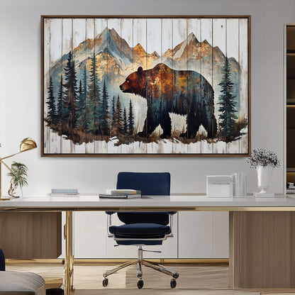 55777-MGV-CV-36X24-Rustic Bear Wall Art Canvas Print, Framed Mountain and Forest Art Picture Print, Wooden Bear Perfect Rustic Lodge Decor Artwork