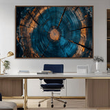 65231-MGV-CV-36X24-Blue and Gold Tree Ring Wall Art – Rustic Abstract Wood Slice Canvas Print, Modern Nature Inspired Artwork for Living Room,