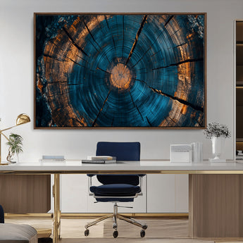 65231-MGV-CV-36X24-Blue and Gold Tree Ring Wall Art – Rustic Abstract Wood Slice Canvas Print, Modern Nature Inspired Artwork for Living Room,