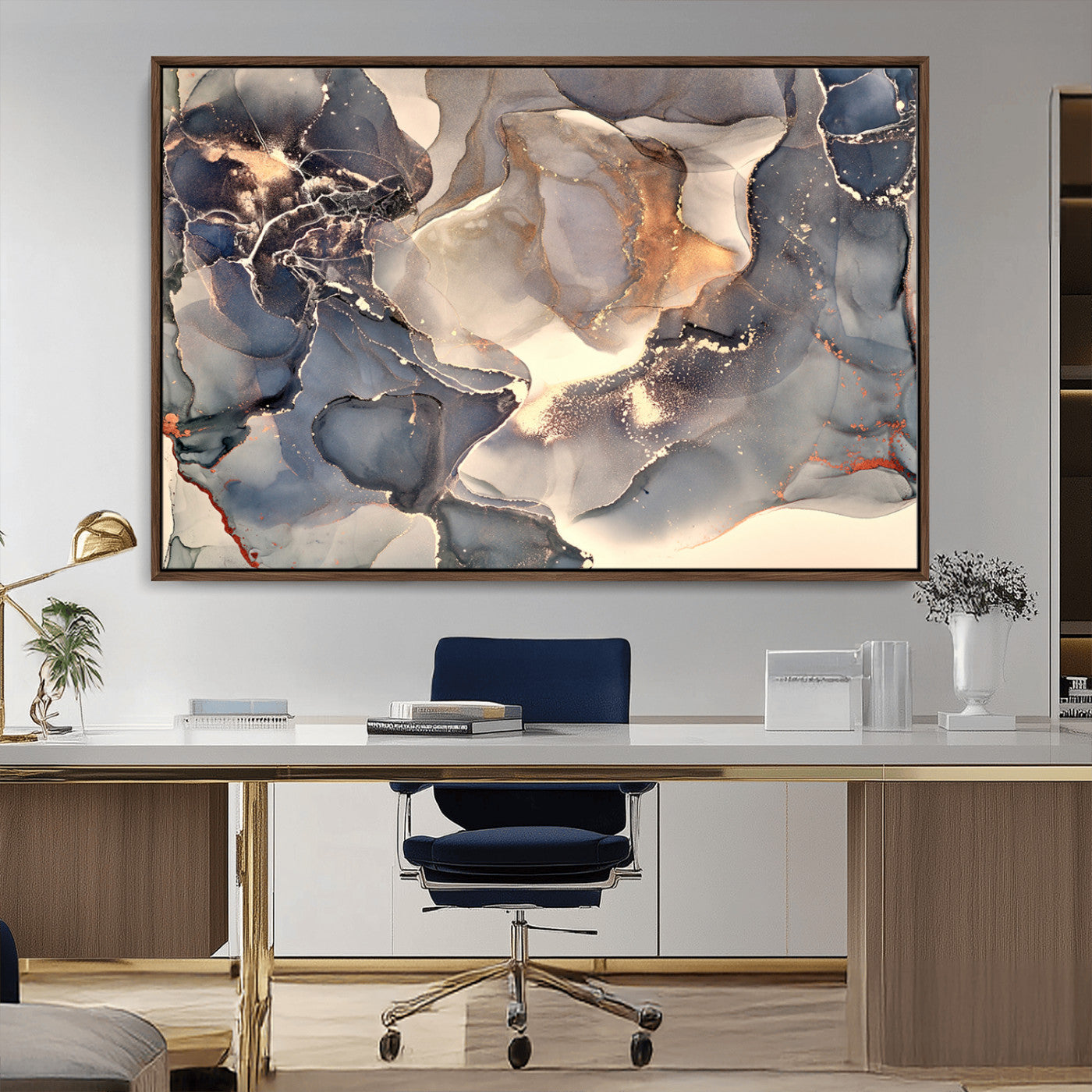 18202-MGV-CV-36X24-Abstract Neutral Wall Art – Blue, Beige and Gold Fluid Ink Canvas Print, Modern Minimalist Painting for Living Room, Office