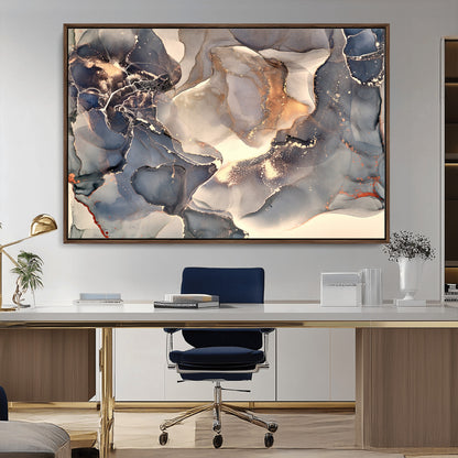 18202-MGV-CV-36X24-Abstract Neutral Wall Art – Blue, Beige and Gold Fluid Ink Canvas Print, Modern Minimalist Painting for Living Room, Office